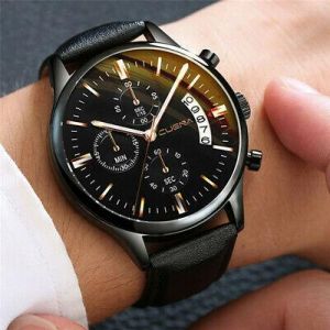  Stainless Steel Case Leather Band Quartz Analog Wrist Watch